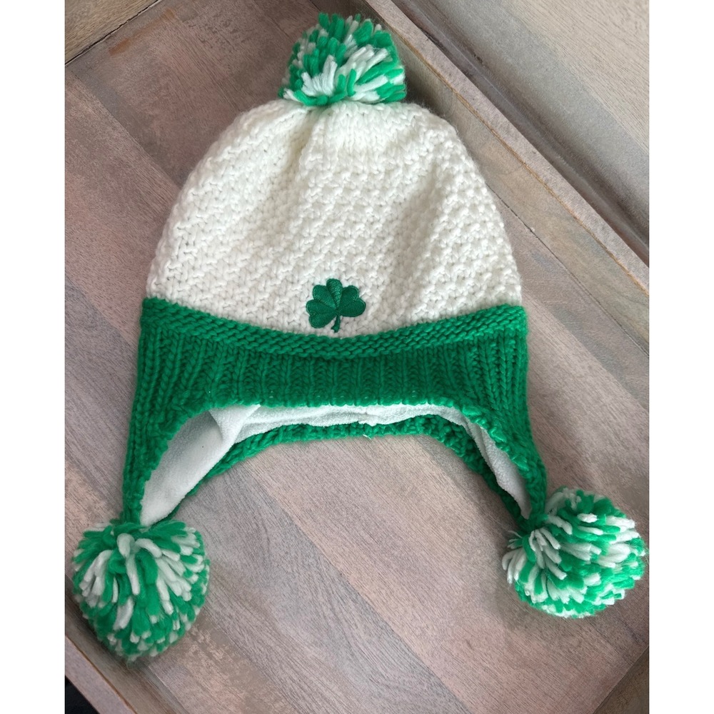 Bridgets of Erin Kids Shamrock Earflap Beanie Green White Fleece Lined Pom Hat
